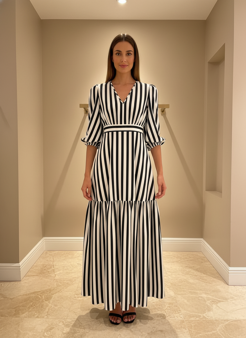 Elegante Abito a Righe Scollato a V